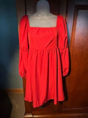 Red Square Neck Long Sleeve Dress